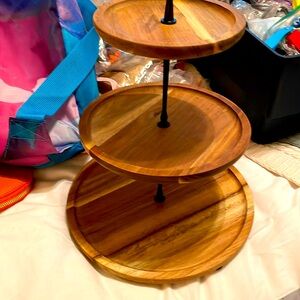 Three Wooden Tier Stand With Black Hardware